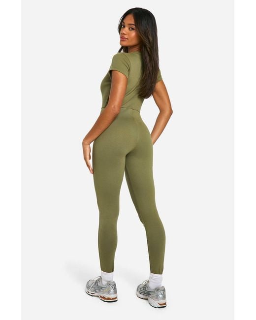 Boohoo Green Basic Cap Sleeve Rib Unitard Jumpsuit