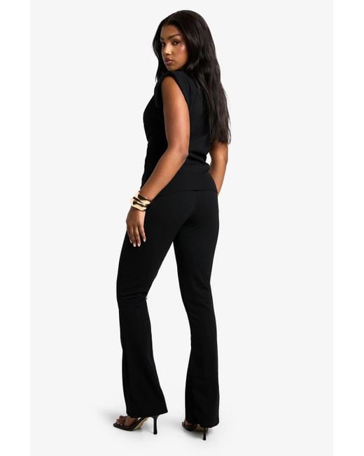 Boohoo Black Scuba Crepe Shoulder Pad Top And Flare Set