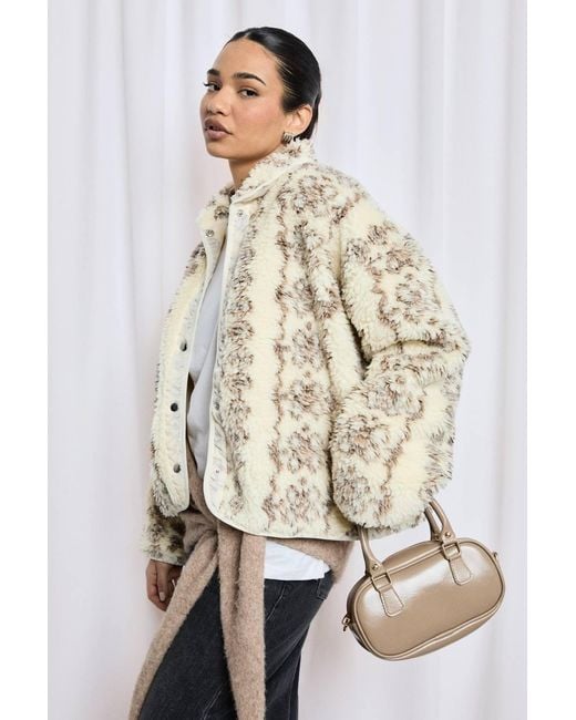 Boohoo Natural Printed Teddy Button Up Jacket
