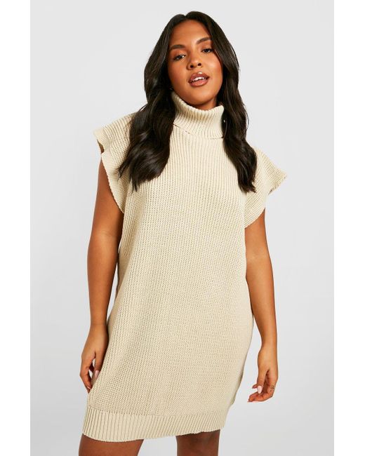 Boohoo Plus Knitted Turtleneck Sleeveless Sweater Dress in Natural | Lyst UK