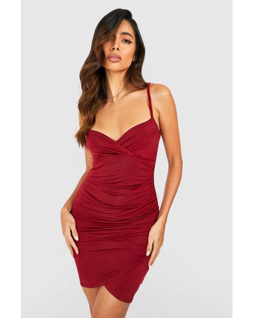 Boohoo Wrap Detail Bodycon Dress in Red | Lyst