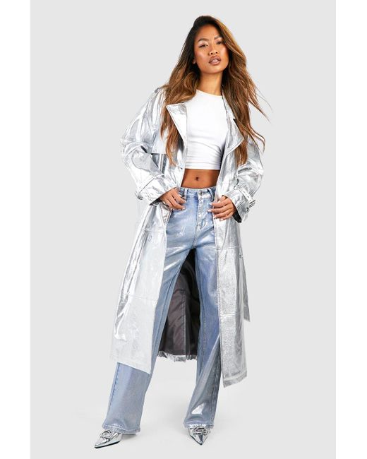 Boohoo Blue Metallic Double Breast Faux Leather Maxi Trench Coat