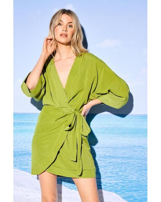 linen wrap kimono mini dress Linen Wrap Dress, Short Sleeve Kimono Style | SUMMER