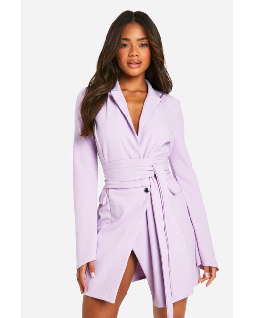 Boohoo Purple Tie Waist Long Sleeve Blazer Dress