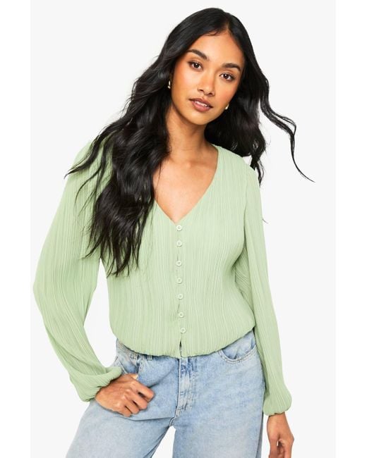 Boohoo Green Plisse Button Through Blouse