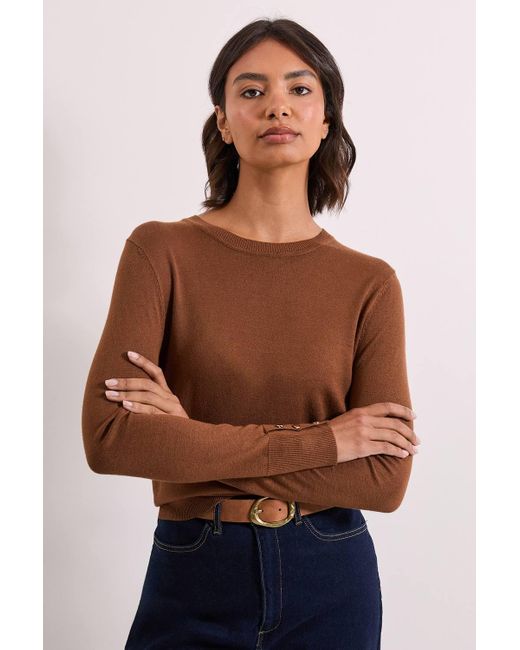 Dorothy Perkins Brown Chocolate Crew Neck Button Cuff Sweater