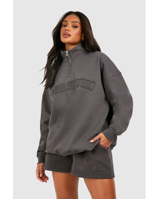 Boohoo Gray Dsgn Studio Self Fabric Applique Half Zip Sweatshirt