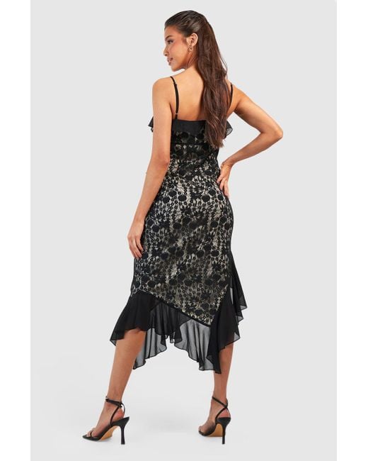 Boohoo Black Lace Panelled Ruffle Midi Dress