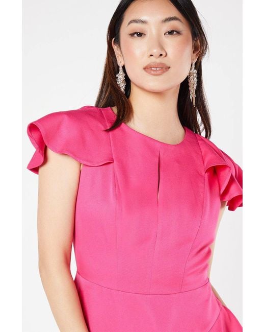 Coast Pink Stretch Crepe Flutter Sleeve Midi Wedding Guest Dress With Ruffle Skirt