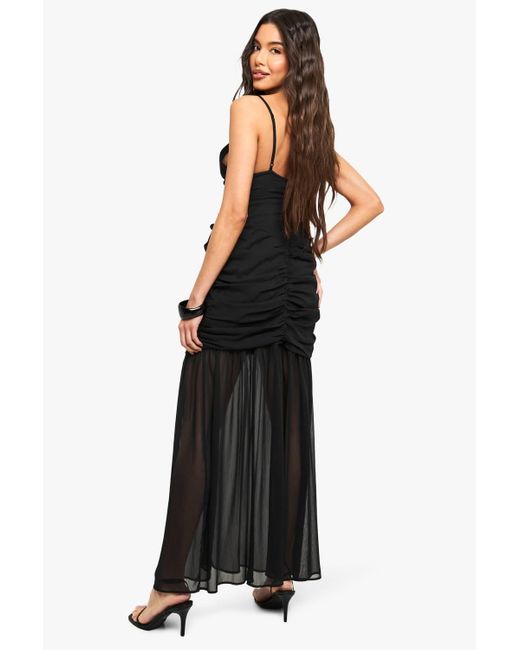 Boohoo Black Chiffon Ruched Plunge Maxi Dress