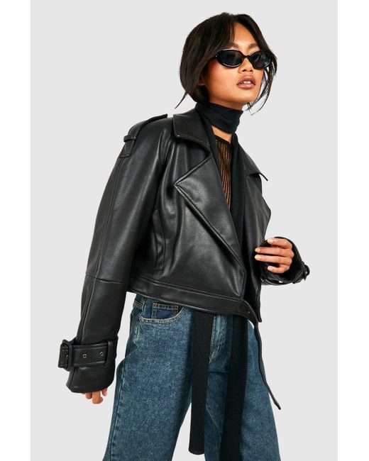 Boohoo Black Cropped Faux Leather Biker Trench Coat