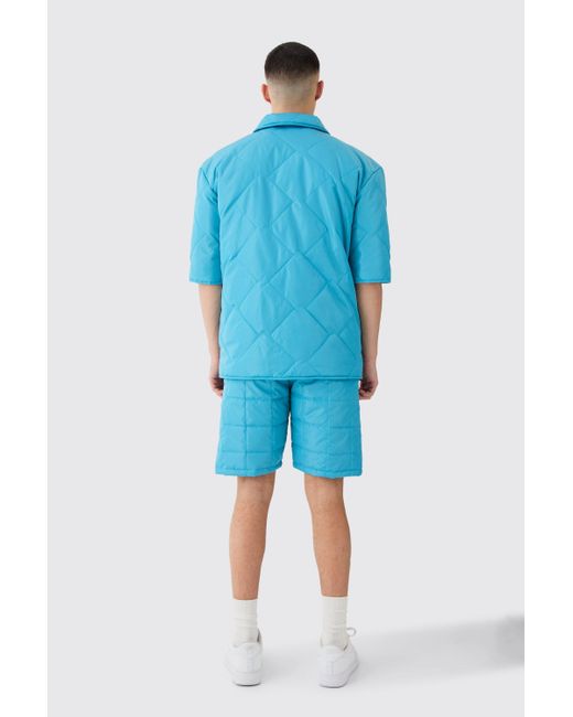 BoohooMAN Blue Quilted Square Shirt And Short Set for men