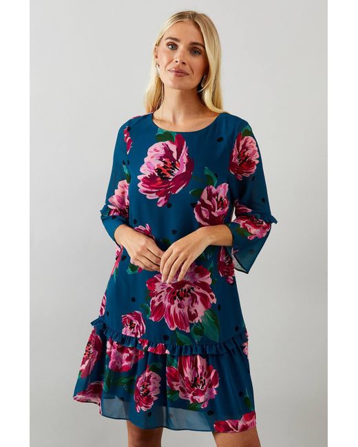 Wallis Women's Blue Petite Floral Ruffle Sleeve Drop Hem Shift Dress