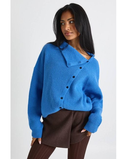 Boohoo Blue Super Soft Asymmetric Button High Neck Jumper
