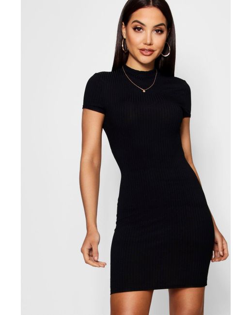 high neck ribbed bodycon dress