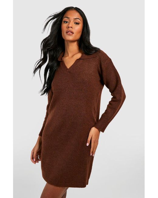 Boohoo Tall Soft Knit Collared Sweater Dress in Brown | Lyst