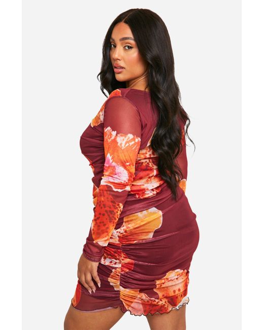 Boohoo Red Plus Mesh Printed Ruched Bodycon Dress