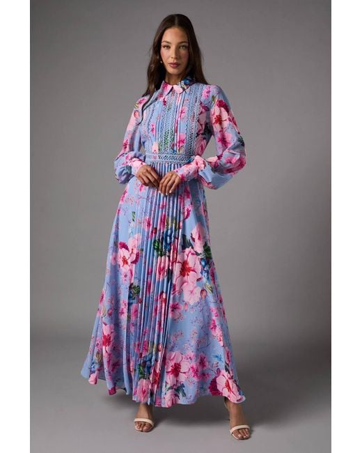 Coast Purple Pleated Printed Long Sleeve Midi Dress With Lace Trim