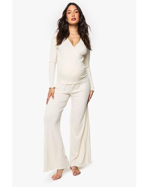 Boohoo White Maternity Brushed Rib Wrap Lettuce Hem Top & Trouser Lounge Set