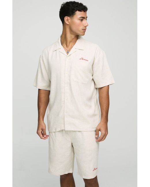 Boohoo Natural Oversized L'Homme Embroidered Heavyweight Linen Shirt & Short Set