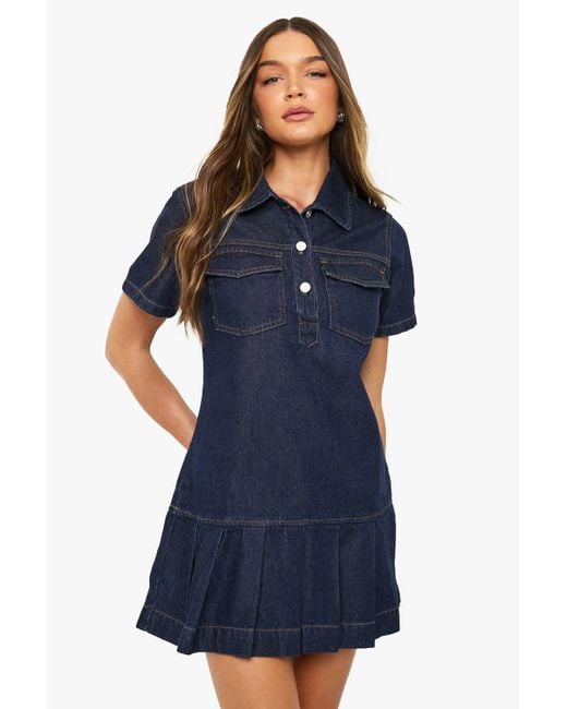 Boohoo Blue Pleated Denim Dress