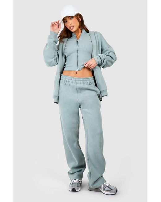 Boohoo Blue Tall Ribbed Zip Crop Top 3 Piece Hooded Tracksuit