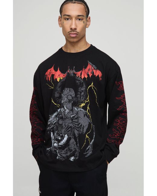 Camiseta Oversize De Manga Larga Con Botamanga Y Estampado Gráfico Boohoo de color Black