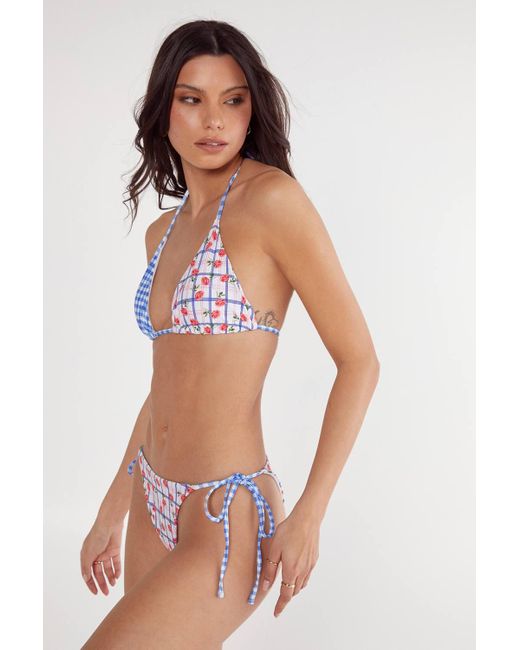 Nasty Gal Blue Floral Gingham Mix Triangle Bikini