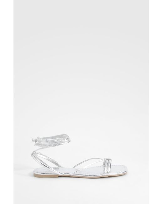 Boohoo White Wide Fit Metallic Wrap Up Sandals