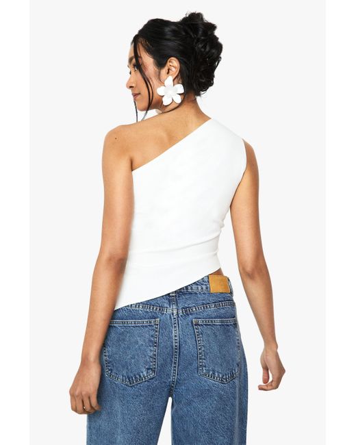 Boohoo White Ruched One Shoulder Asymmetric Top