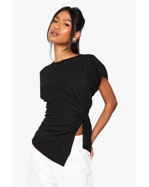 Boohoo Black Crinkle Knot Detail Blouse
