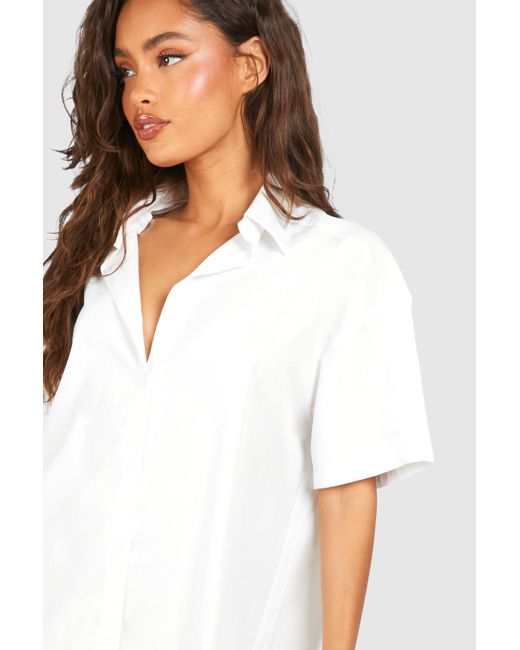 Poplin Short Sleeve Oversized Shirt Dress Boohoo de color White