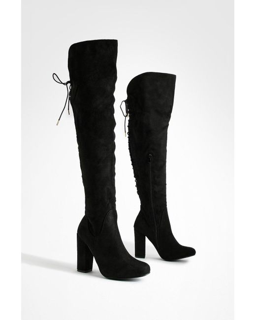 Boohoo Black Lace Back Block Heel Over The Knee High Boots