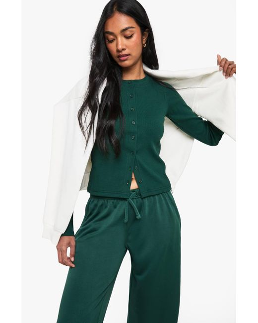 Boohoo Green Rib Button Through Long Sleeve Top