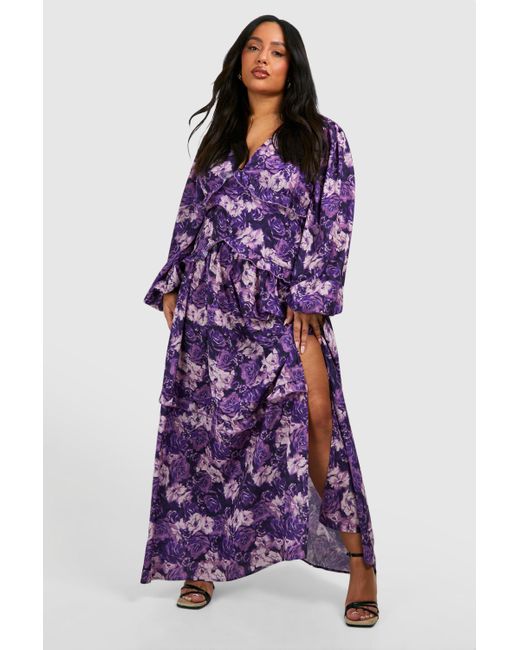 Boohoo Purple Plus Floral Print Frill Waist Detail Maxi Dress