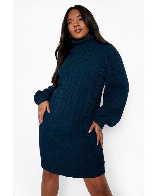Boohoo Plus Recycled Cable Knit Jumper Dress in Blue | Lyst
