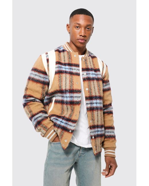 BoohooMAN Brushed Check Pu Panel Varsity Jacket in White for Men Lyst