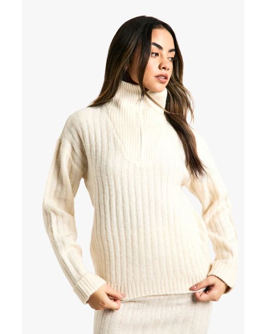Conjunto De Minifalda Y Jersey Oversize De Punto Suave Y Canalé Grueso Con Cremallera En El Cuello Boohoo de color Natural