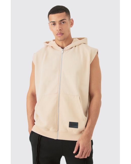 BoohooMAN Natural Oversized Zip Through Washed Sleeveless Hoodie for men