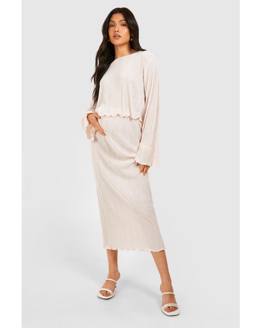 Boohoo Natural Maternity Plisse Flared Sleeve Top And Midaxi Skirt Co-ord