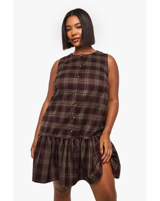 Boohoo Brown Plus Flannel Button Down Drop Hem Smock