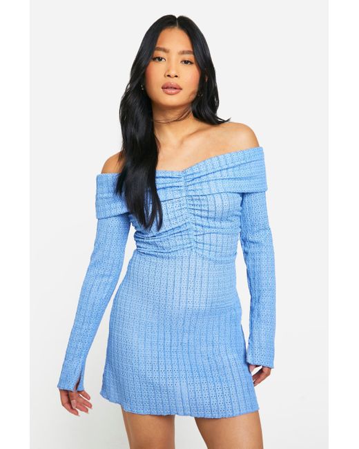 Boohoo Blue Petite Textured Bardot Mini Dress
