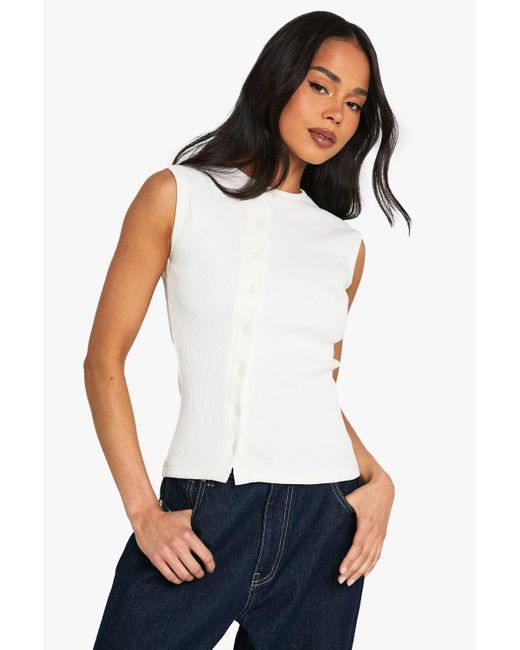 Boohoo White Heavy Rib Button Through Sleevless Top