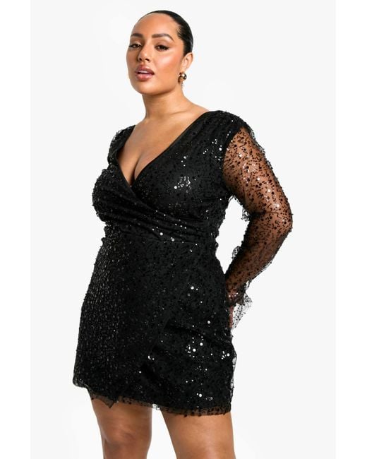 Boohoo Plus Beaded Sequin Wrap Dress in Black Lyst