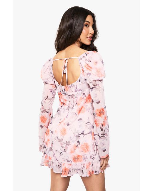 Boohoo Pink Floral Crinkle Chiffon Long Sleeve Mini Dress