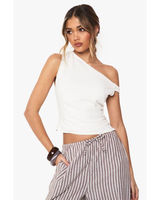 Boohoo White Twist Detail Off The Shoulder Linen Look Crop Top
