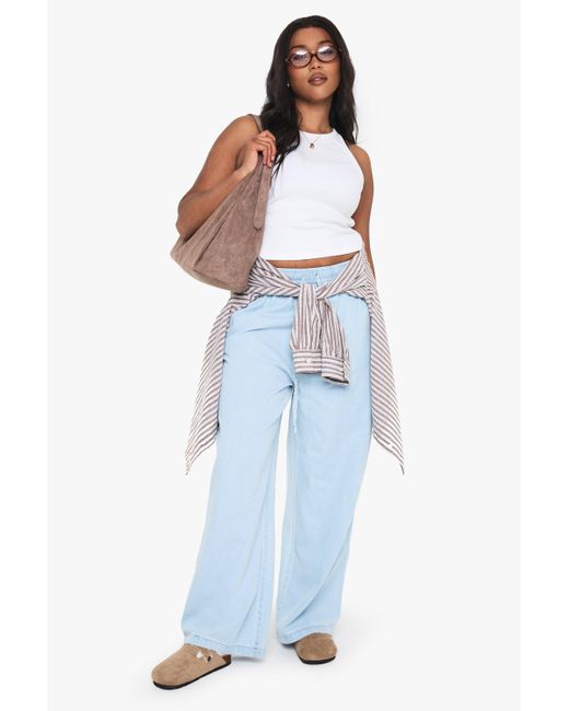 Boohoo Blue Plus Chambray Drawstring Wide Leg Trouser