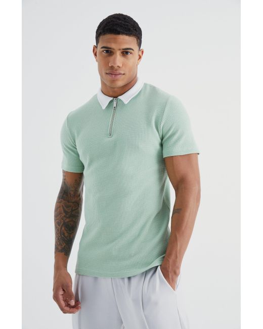 BoohooMAN Green Short Sleeve Muscle Fit Waffle Polo for men