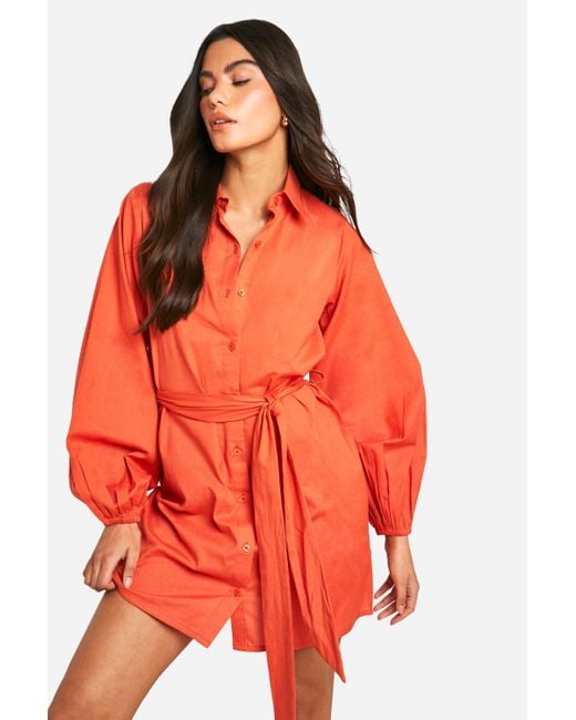 Boohoo Orange Linen Wrap Shirt Dress