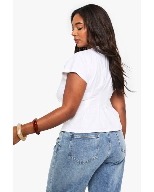 Boohoo White Plus Seam Detail Cotton Peplum Top